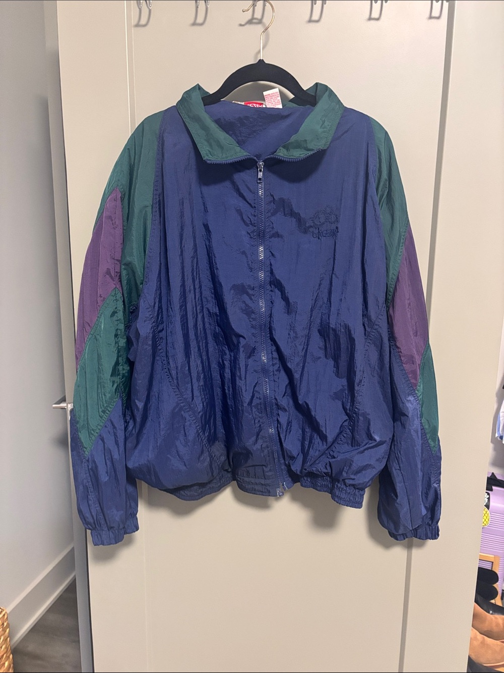 Vintage Navy Windbreaker Jacket with Green & Purple Accents